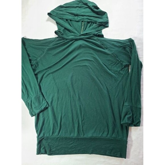 Rags & Couture Green Cutout Shoulder Hoodie Medium Raw Seams Casual Cozy - Picture 1 of 6